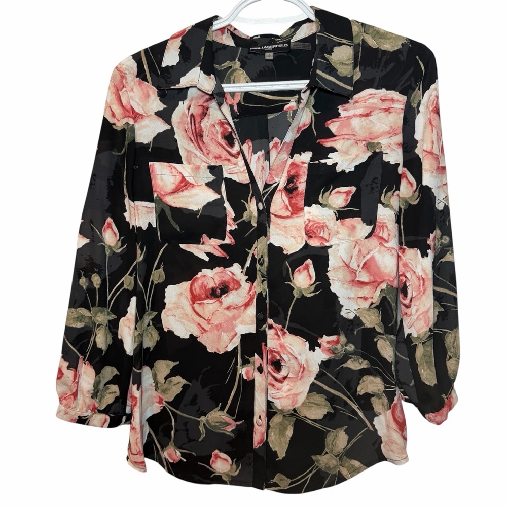 Karl Lagerfeld Black and Pink Floral Rose Blouse SP Office Casual Spring